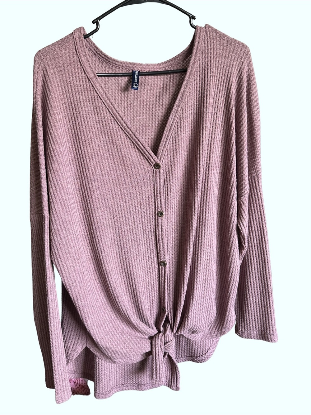 Waffle-Knit Button Front Tie Hem Top - Dusty Rose